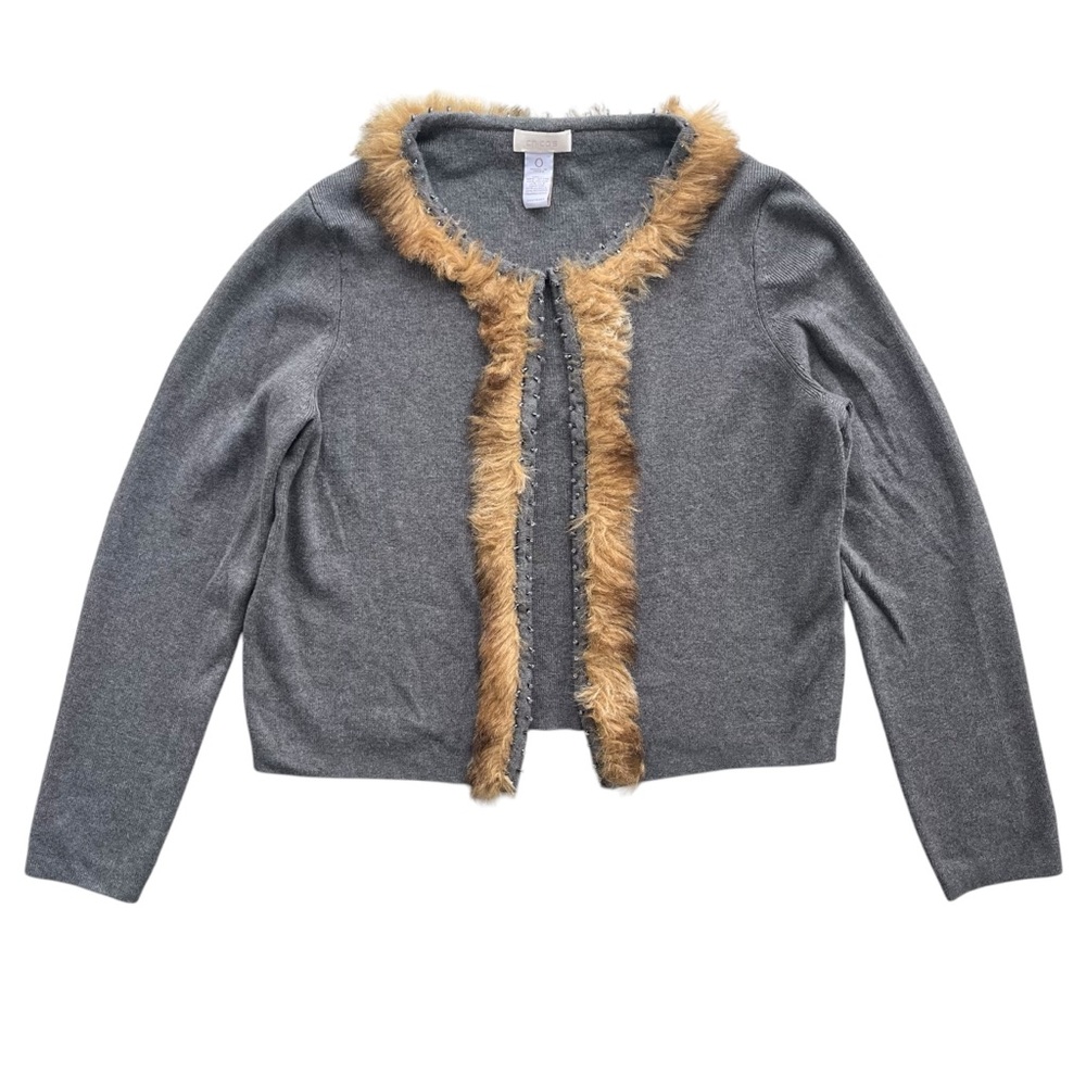 Chico’s Women’s S Gray Faux Fur Metallic Beaded Trim Open Front Cardigan Sweater